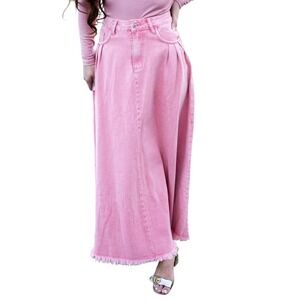 SHOWROOM PLUS Pink Denim Maxi Skirt Frayed‎ Hem Pleated Waist Sz M Western